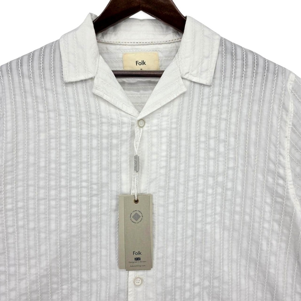 Folk Men's XL Camp Collar Seersucker Shirt Cream White 100% Cotton NWT
